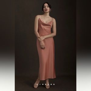 NTW Anthropologie BHLDN Cali Satin Cowl-Neck Midi Slip Dress in color: Sedona